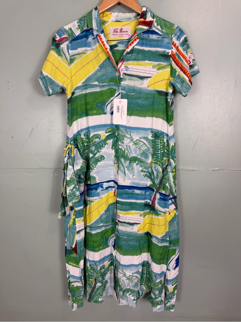 Aloha Blossom Surfboard Midi Dress Beach Green Women XS Sz 0 Belted